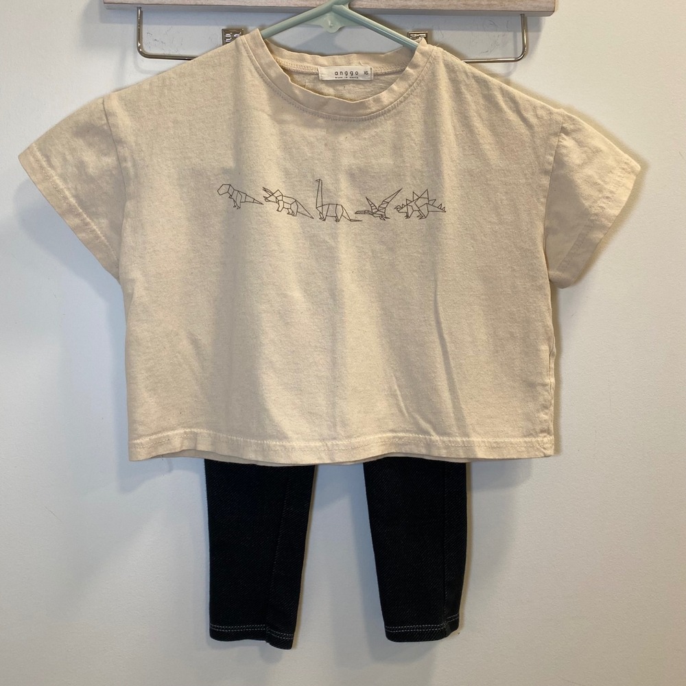 Anggo Levi's Tee Leggings Set Kids XS Beige Black Origami Dinosaur Minimalist